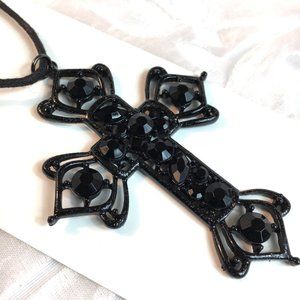 NOS Black Costume Jeweled Metal Cross Necklace